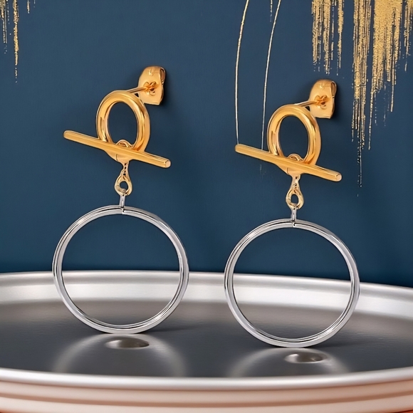 🆕️Versatile OT Buckle Two-Tone Hoop Earrings | 18K Gold Plated Stainless Steel - Picture 1 of 15